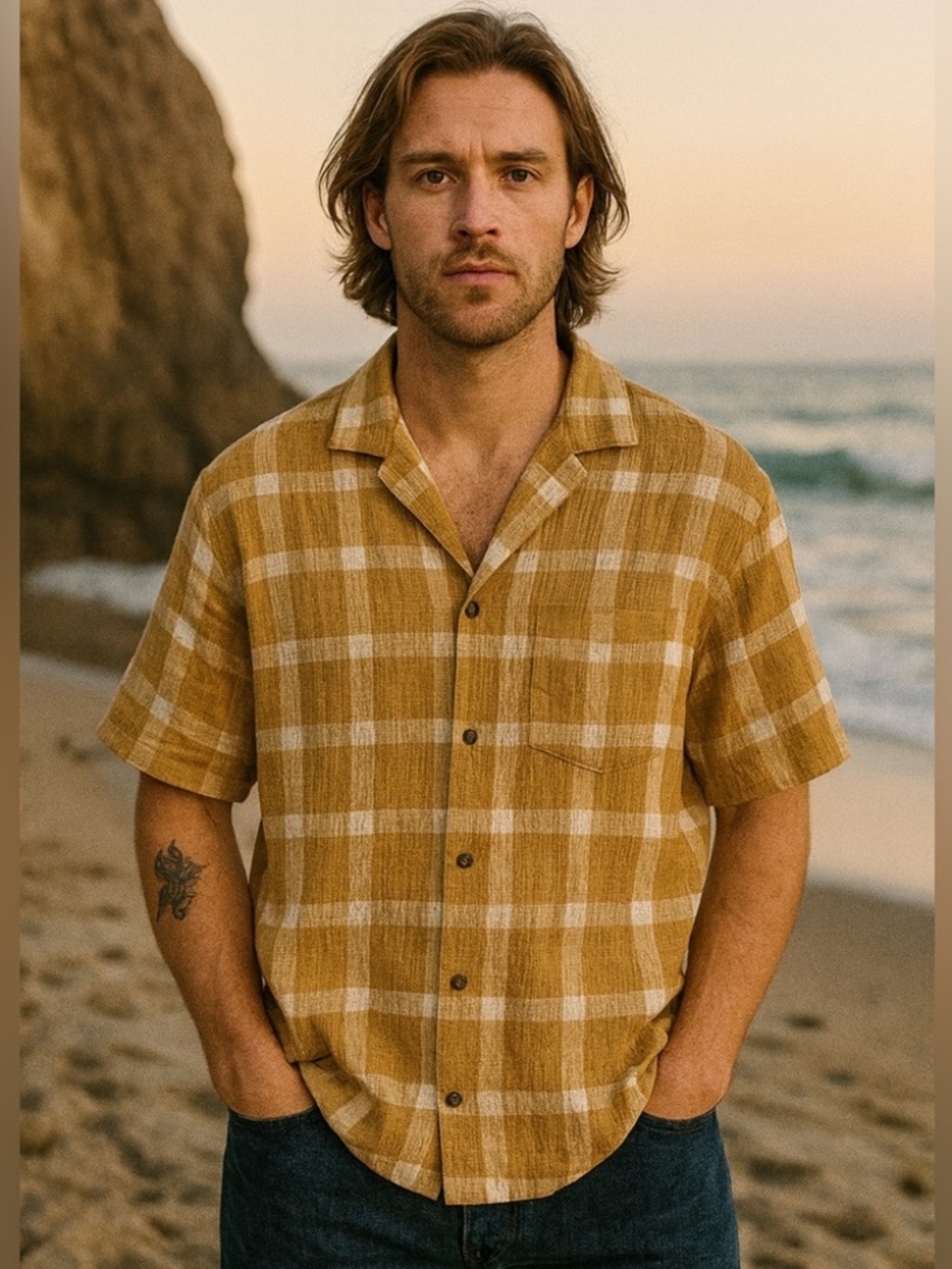 Billabong Beach House Textured Button-Up Shirt – Camel Check, Size M, NWT